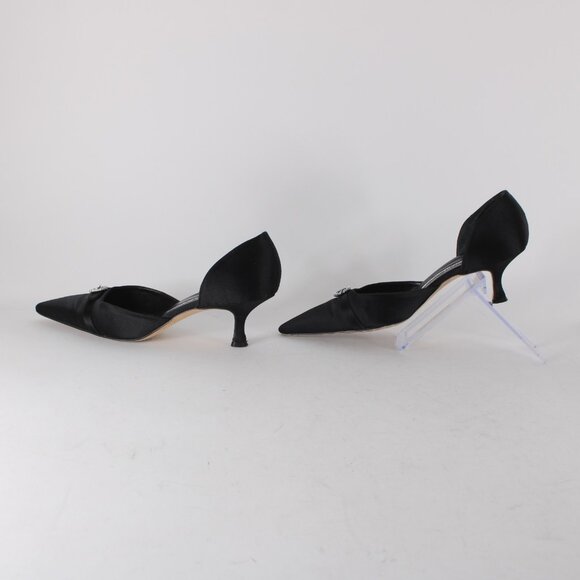 Manolo Blahnik Heels Floran Sz 38 Black Rhinestones Satin Leather Kitten 1.5" - Picture 7 of 13